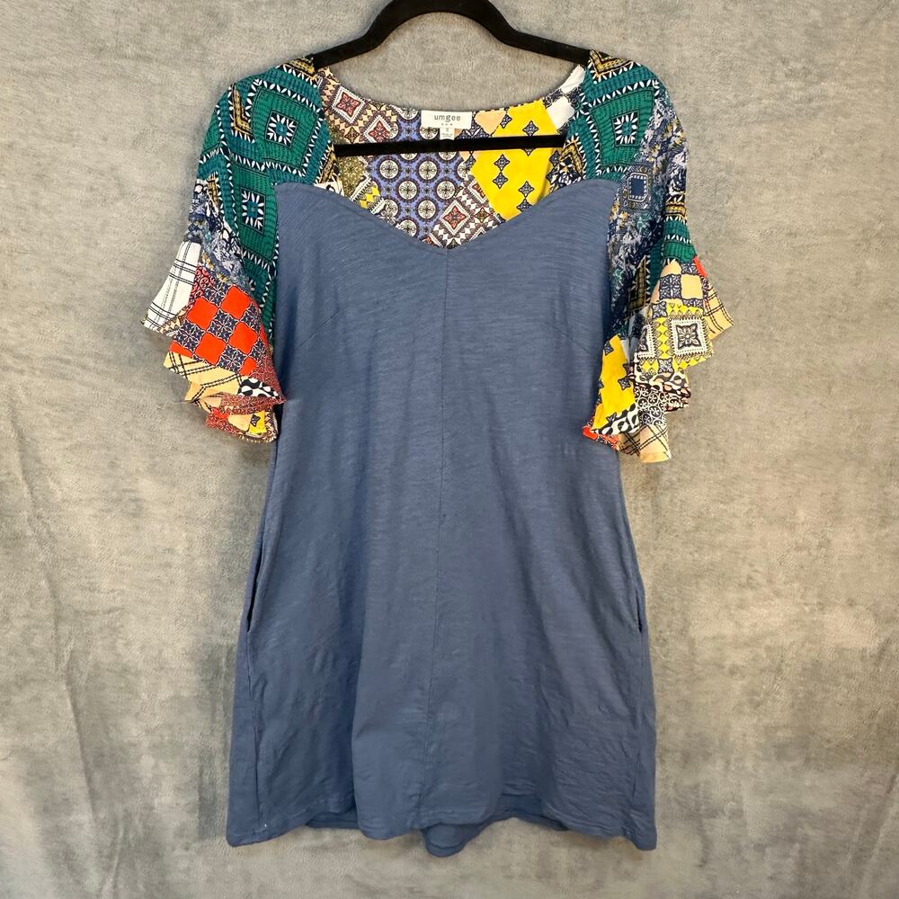 Umgee Dress Womens Small Blue Patchwork Ruffle Sleeve Pockets Boho Beach Hippie